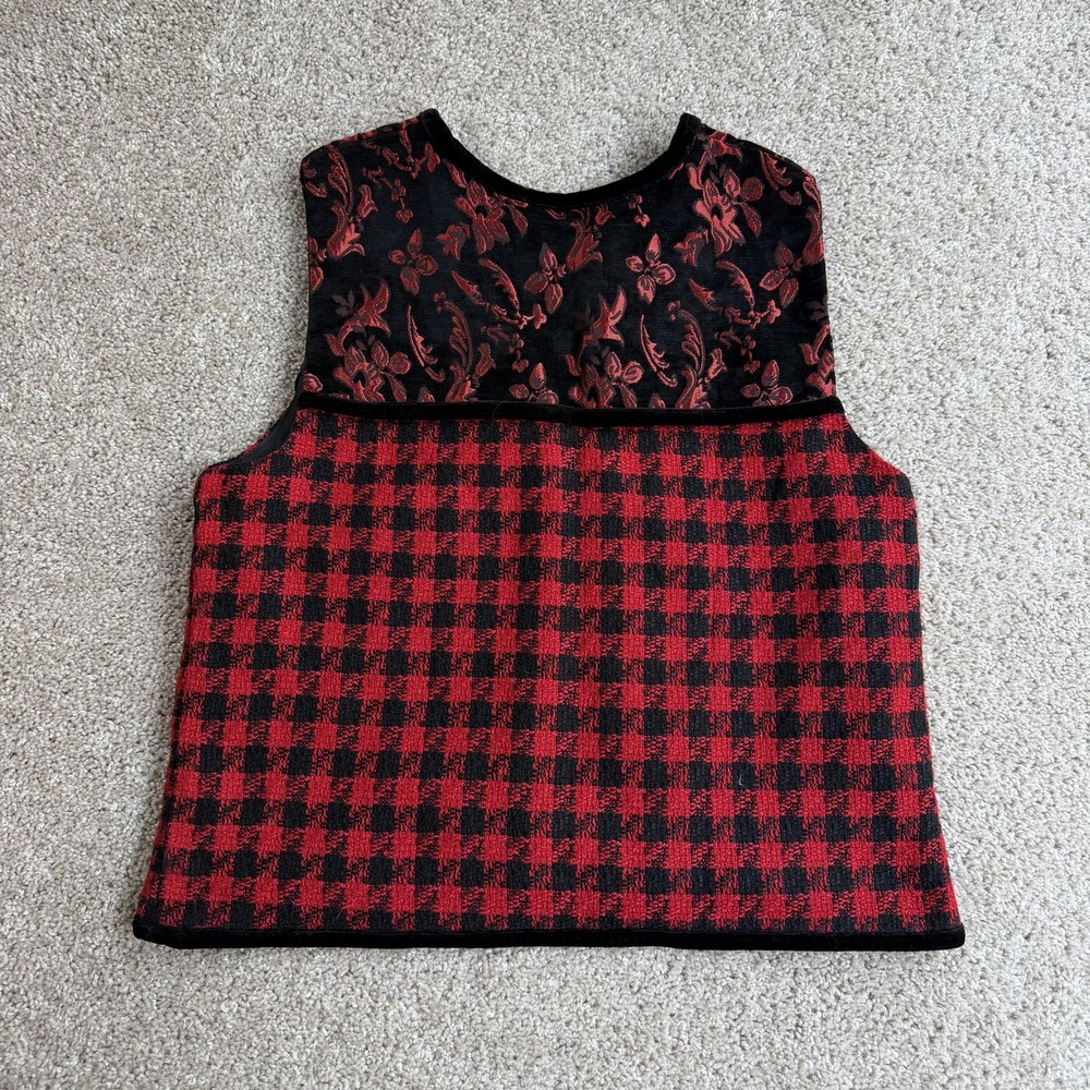 Ms. Lee Vest Womens Large Red Black Check Tweed Button Front Floral Yoke Lined - Picture 3 of 6